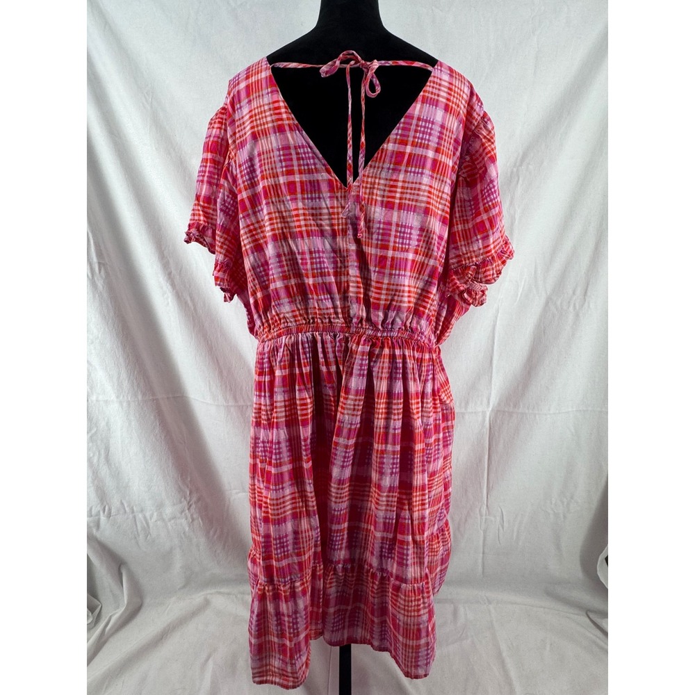 Terra & Sky Pink Orange Plaid V-Neck Flutter Sleeve Tiered Cotton Dress 24W-26W - Picture 2 of 5